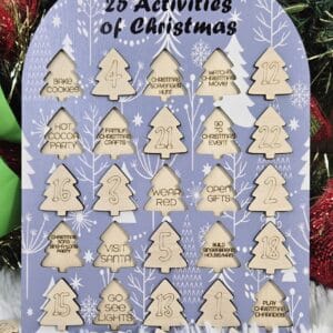 Wooden Christmas activity advent calendar, Dad's Wooden Garage holiday decor.