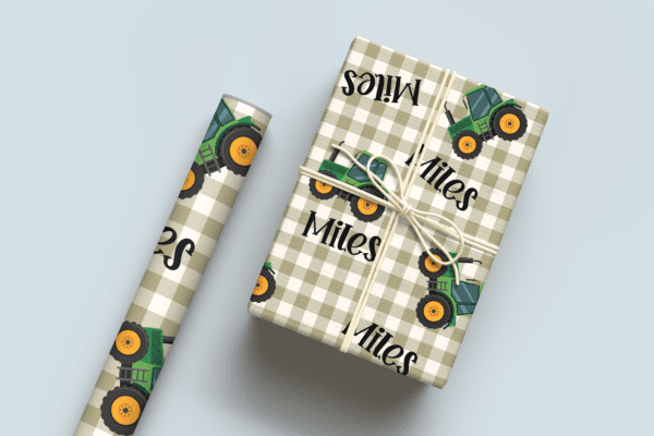 Tractor with Gingham Wrapping Paper